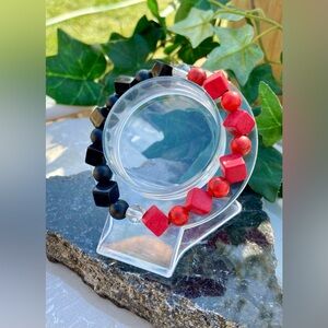 Black & Red Split Handmade Gemstone Beaded Stretch Bracelet Onyx & Magnesite